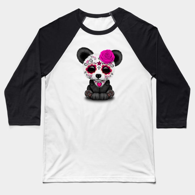 Pink Day of the Dead Sugar Skull Panda Baseball T-Shirt by jeffbartels